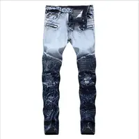 

2019 Latest Design Men Washed Jeans Pants Distressed Hole Color Block Men Denim Trousers