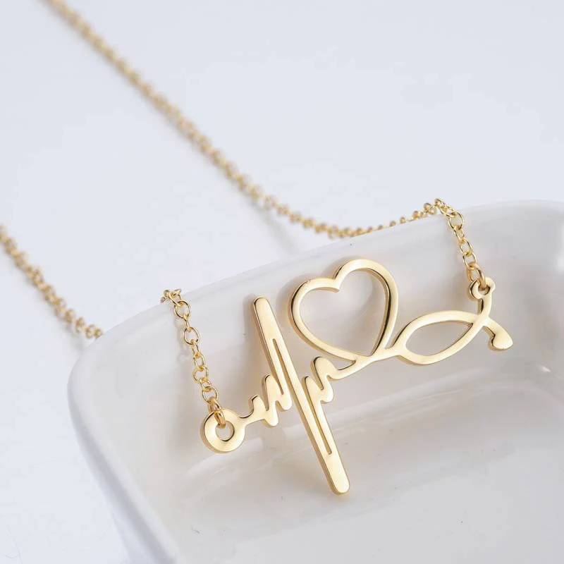 

Fashion 18K Gold Plated Stainless Steel ECG Heart Pendant Necklace Stethoscope Heart Doctor Nurse Medical Necklace
