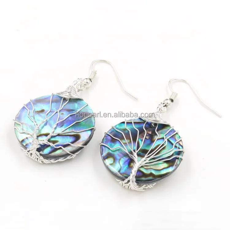 

MOP375 Handmade Tree of Life Nature Abalone Shell Round Earrings