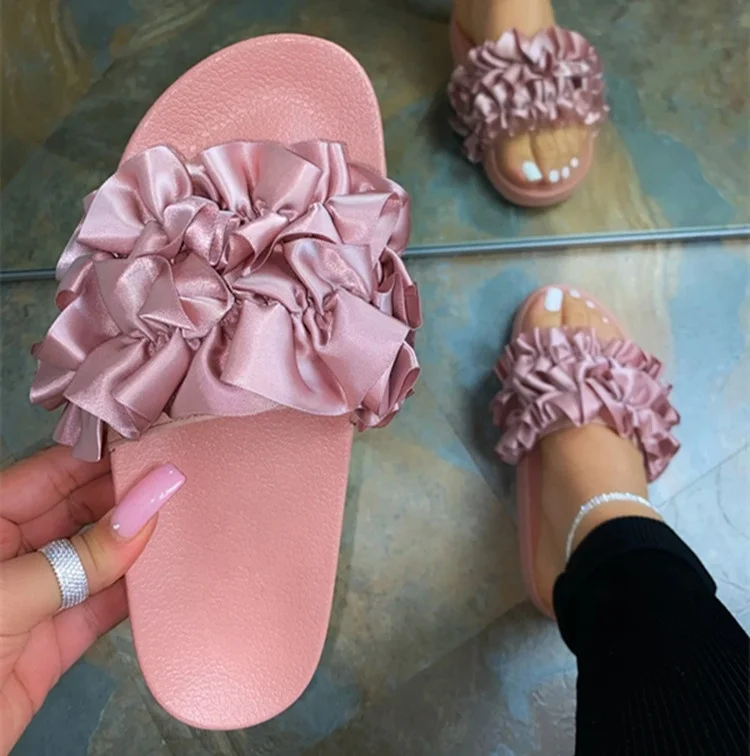 

2021 Ins Hot Women Pink Ruffle Material Slip On Platform Slippers Ladies High Quality Home Beach Sandals, Pink ,black,army green