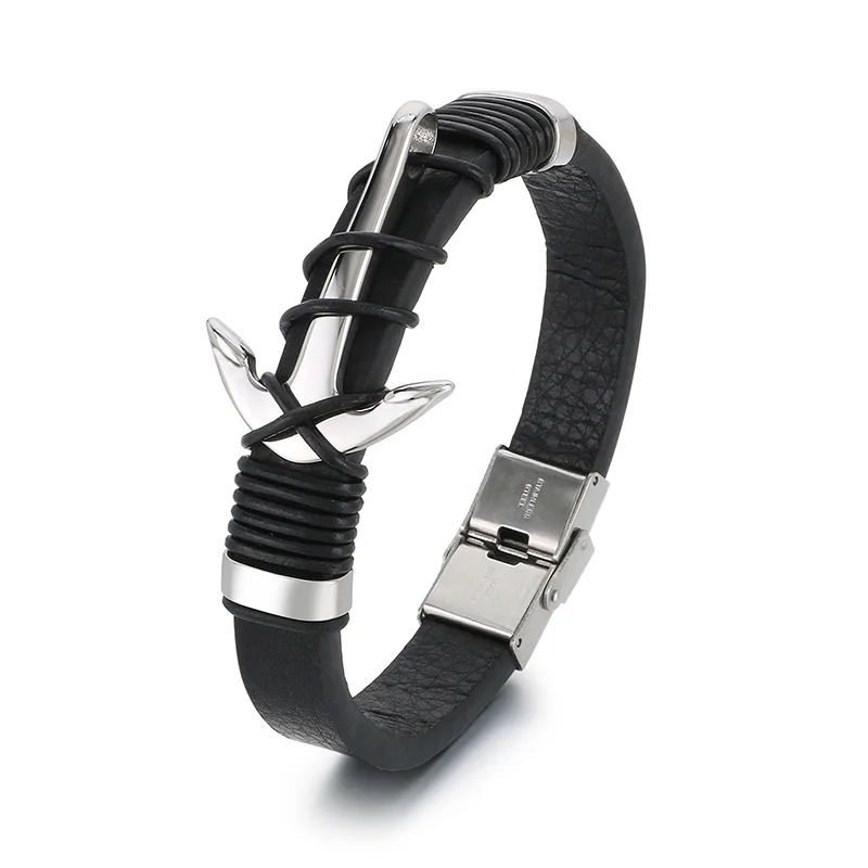 KALEN Men 210mm Stainless Steel&Leather Punk Anchor/Compass Bracelet