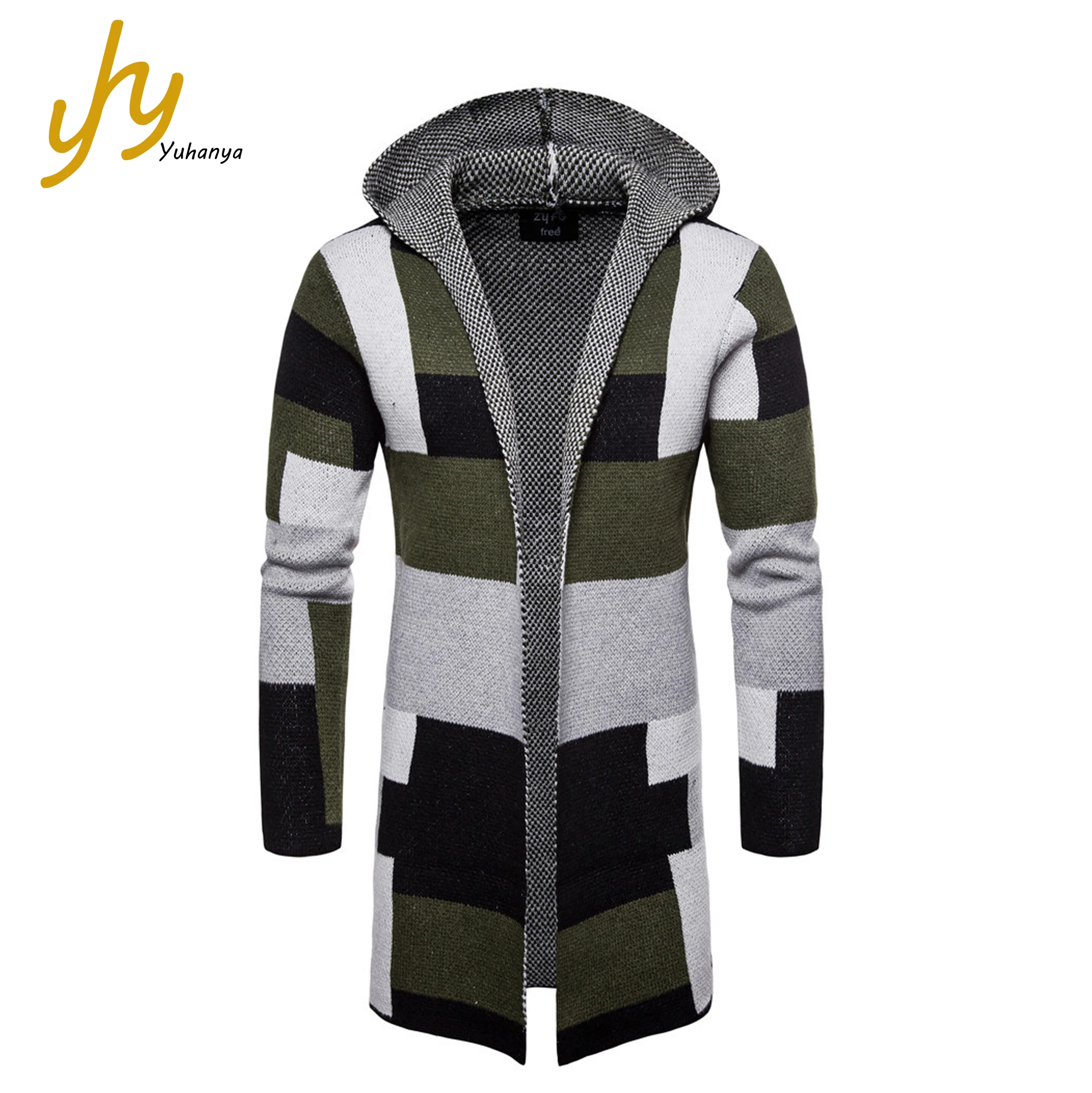 

New Casual Stitching Color Mid-length Hooded Men's Cardigan Sweater Jacket, Grey,green