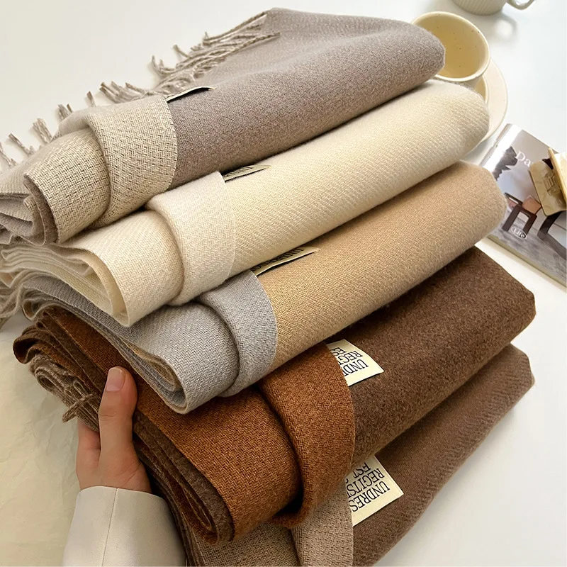 

2024 Winter Warm Long Double Side Pure Color Shawl Women Winter imitation Cashmere Feeling Scarf With Tassel 330 grams
