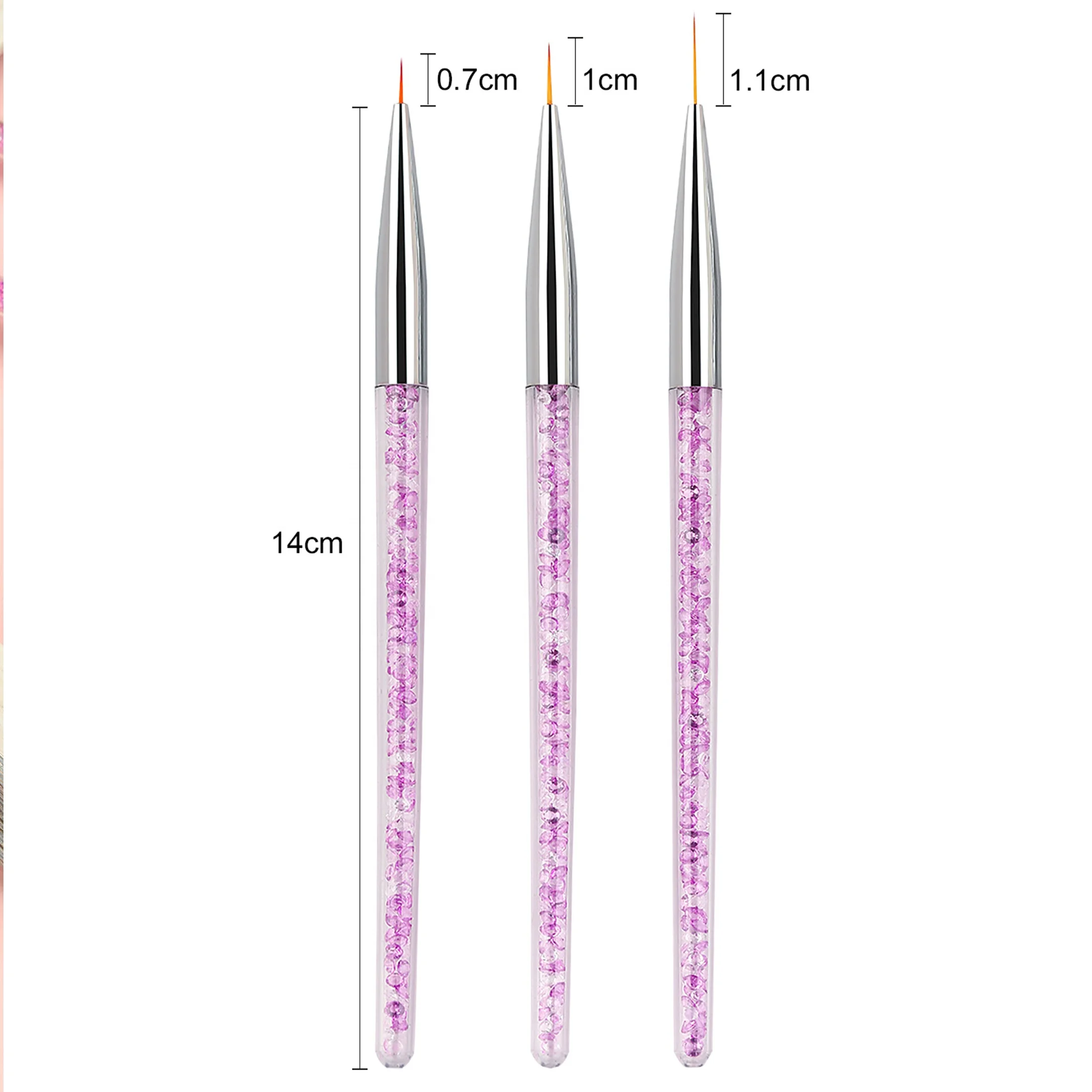 

Nails Art Pen Gel Stripe Painting Purple Yellow Crystal Handle 3pcs Nail Liner Brush, Blue,black,white or accept customized