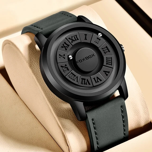 Hot Sales Magnetic Ball Watch for Men FOXBOX Scrolling Beads Pointer Quartz Watches Mens Black Leather Skeleton Men's Wristwatch