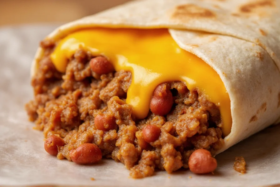Detailansicht eines Chili-Cheese-Burritos mit geschmolzenem Käse und Hackfleisch-Chili