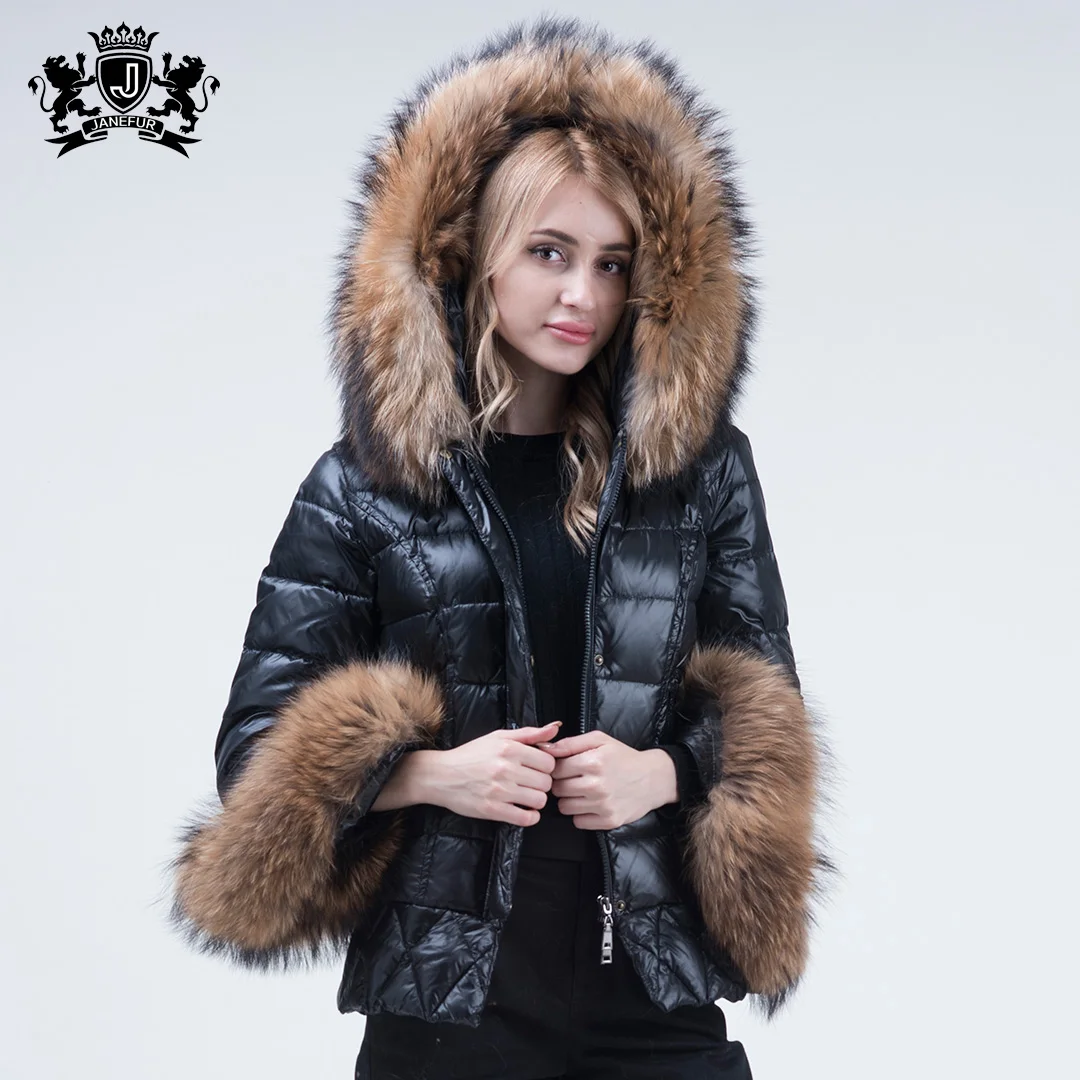 

New design raccoon fur collar hooded winter duck down jacket for women