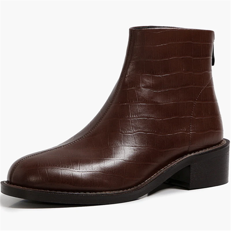 

Concise Back Zipper Shoes Woman Heels Genuine Leather Round Toe Boots For Women Winter Newest Working Party Ankle Boots