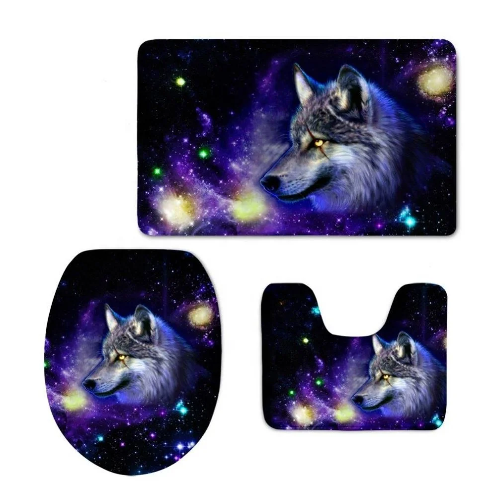 

Custom Printing Space Wolf Pattern Thick Flannel Nonslip Bathroom Mats Contour Toilet Cover Rug Carpet Set Bathroom 3 Pieces Set, Customized color