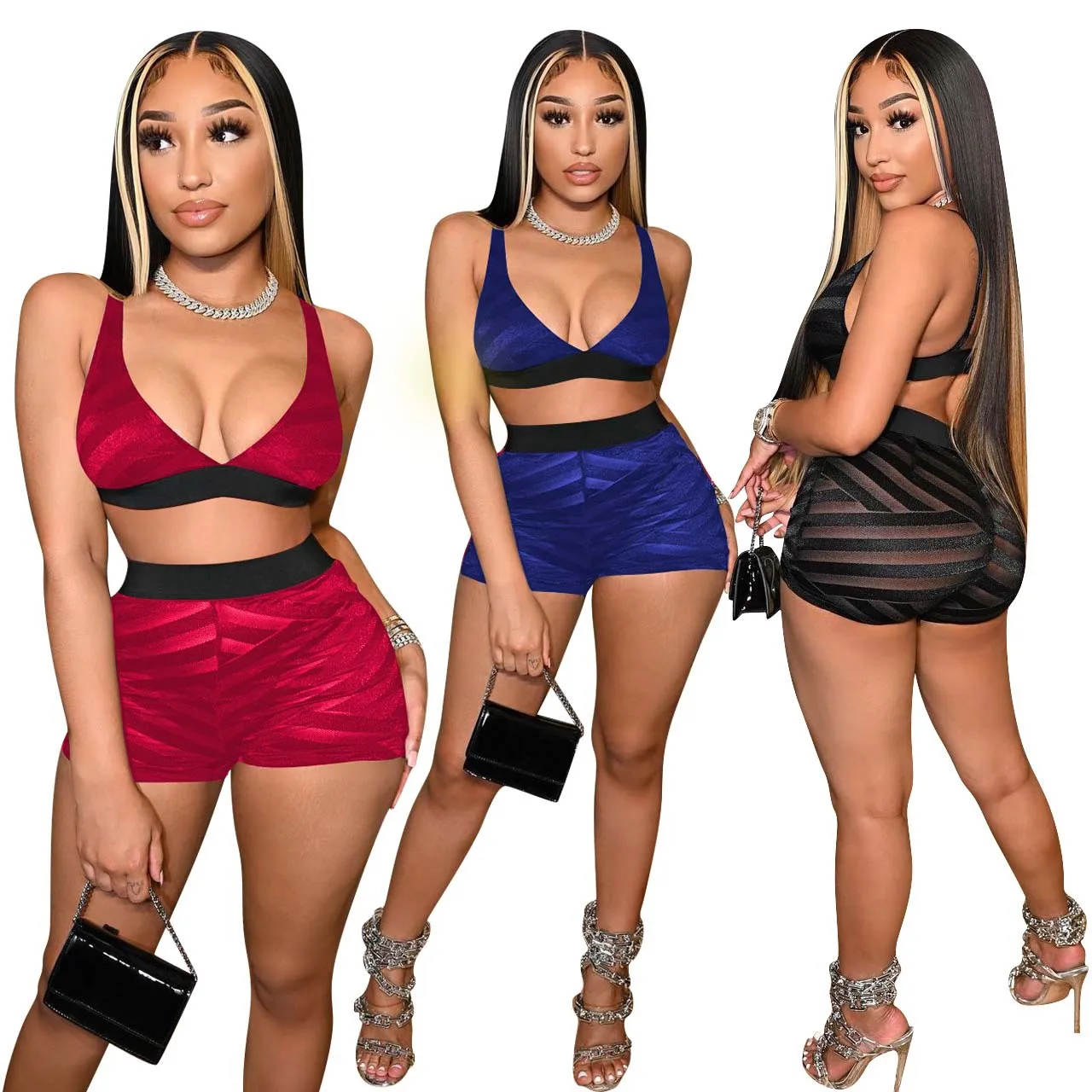 

Wholesale Fashion Summer Clothes Women 2022 See Through Sexy Outfits Women Tights And Bra Set Mesh 2 Piece Women Shorts Set