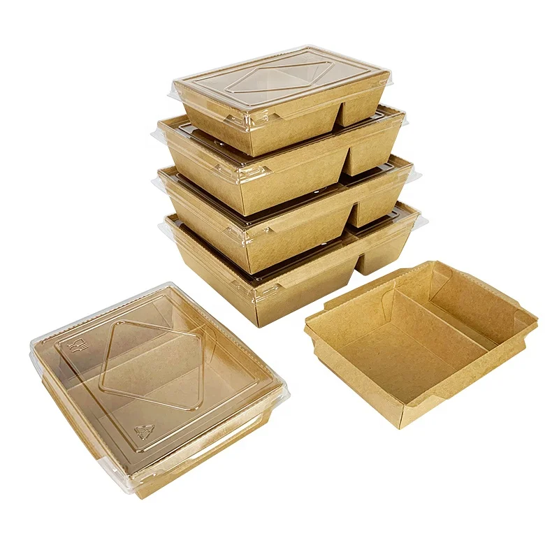 

Disposable packaging waterproof 2 two compartments fast food tray kraft rectangular paper salad food box with PET lid