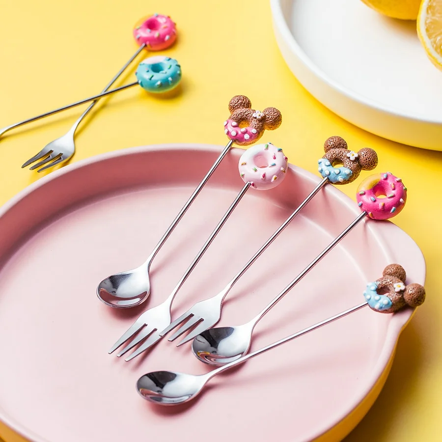 

Caffe Restaurant Baby Tableware Donut Cartoon Sendok Design Stainless Steel Teaspoons Dessert Fork, Gold/silver