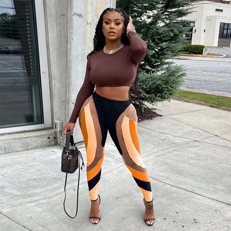 

2022 Fall High Waist Two Piece Pants Set Women Hollow Out Leggings Long Sleeve Crop Top 2 Piece Sexy Outfits, Picture