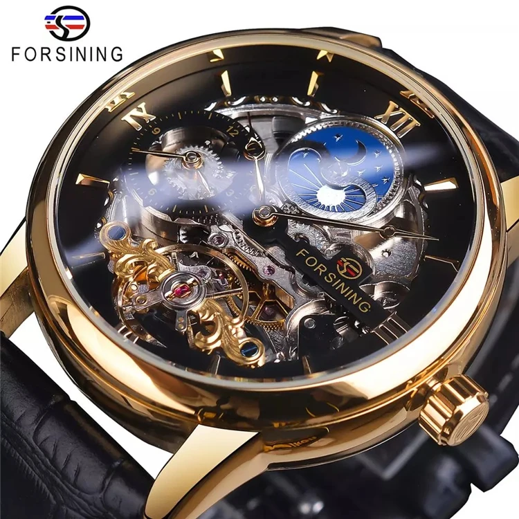 

Forsining GMT1195 Dual Time Zone Mechanical Watch Black Gold Leather Band Moon Phase Tourbillon Waterproof Automatic Watch