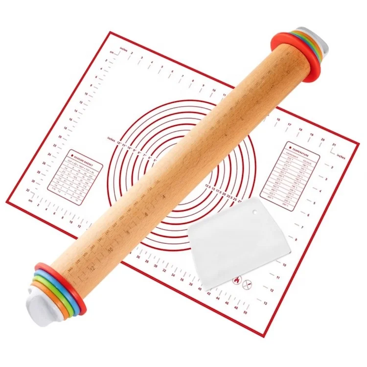 Adjustable Wood Rolling Pin With Mat And Scraper Set 3pcs Swba21d