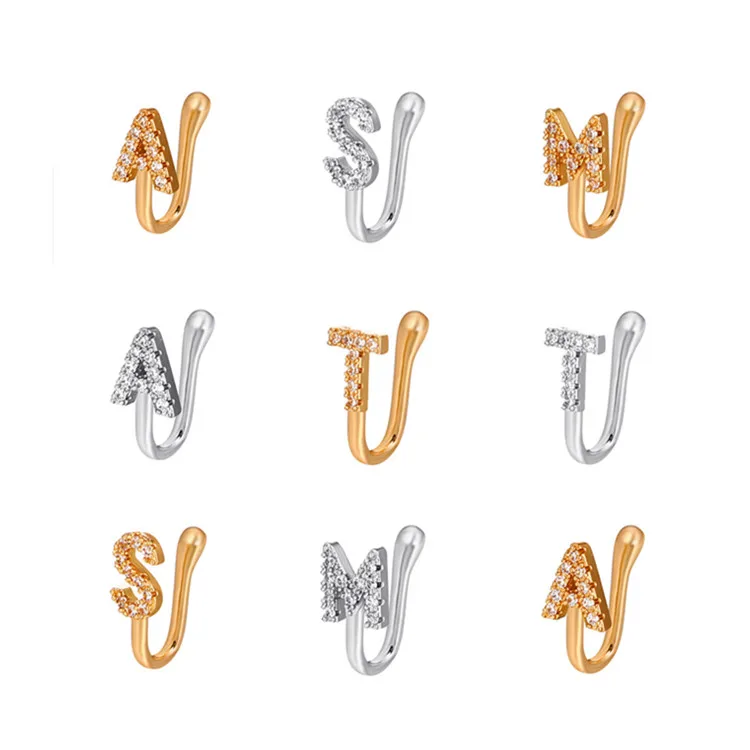 

NUORO Copper Alphabet Letter Non Piercing Fake Nose Ring For Women Man Clear CZ Initials Letter Ear Cuff