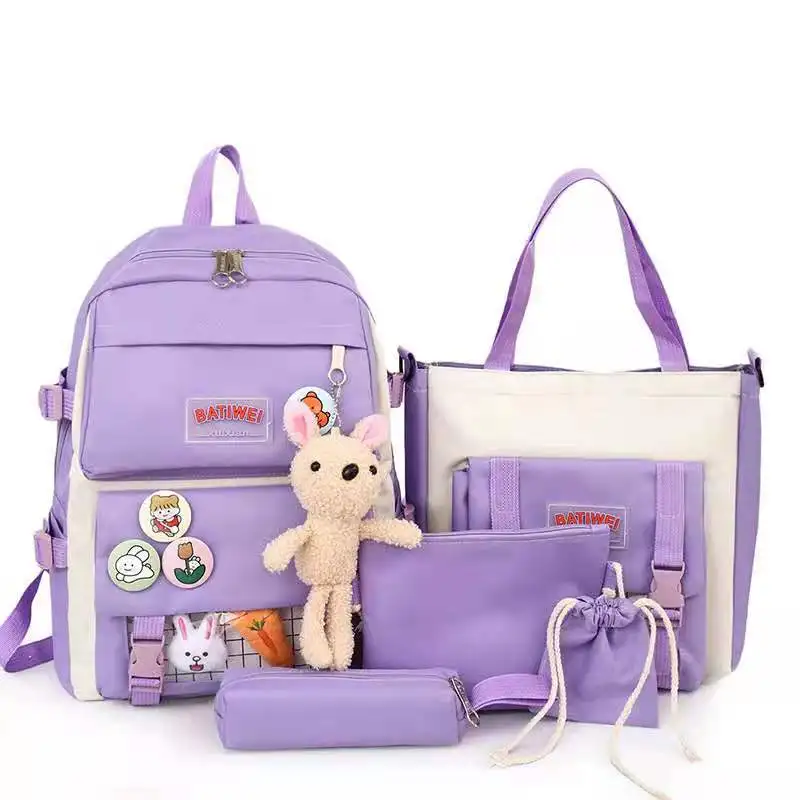 

New Custom design Teenagers School bag Waterproof 5 Pieces Set book bag Large Capacity Fashion backpack backpack For girls, Pink/ black/blue/purple