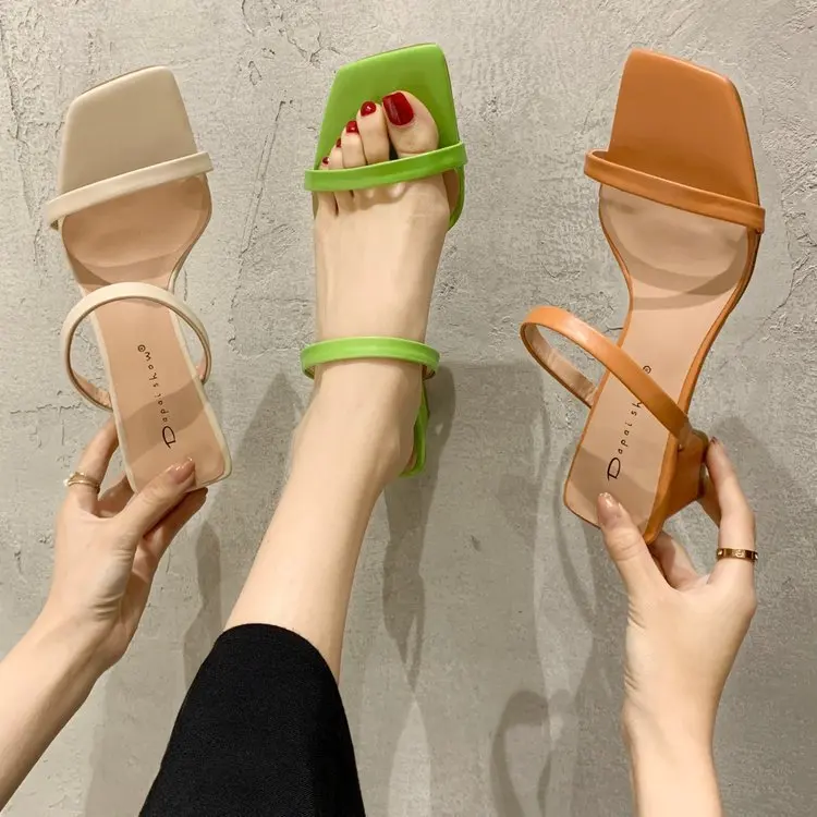 

PDEP 2021 summer new coarse slippers female word with peep-toe fashion high-heeled shoes women's shoes trendy shoes heels, Green,beige,orange