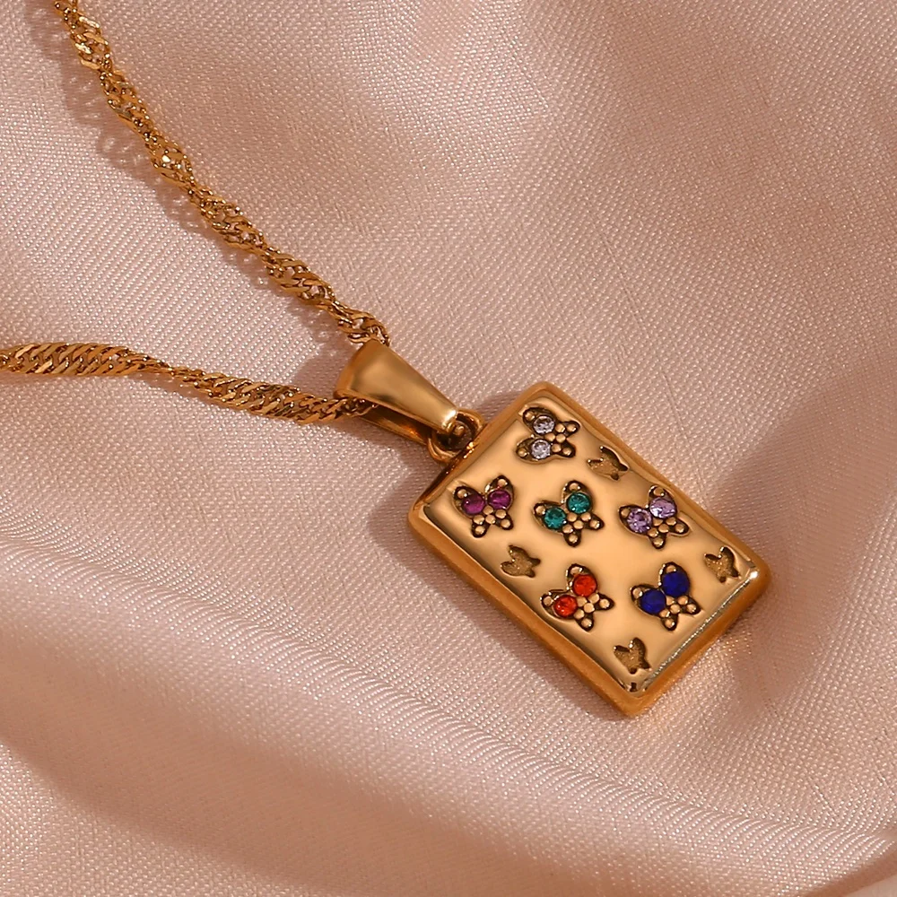 Colorful Crystal Rhinestone Butterfly Necklace 18k Gold Plated Tarot Necklace Stainless Steel Jewelry