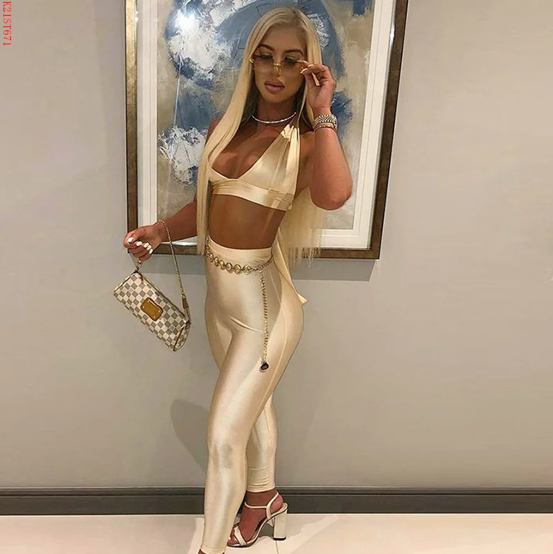 

Bomblook K21ST671 Casual Sportswear Sleeveless Lace Up Hanging Neck Crop High Waist Pants Solid Color Ribbing 2 Piece Set Women