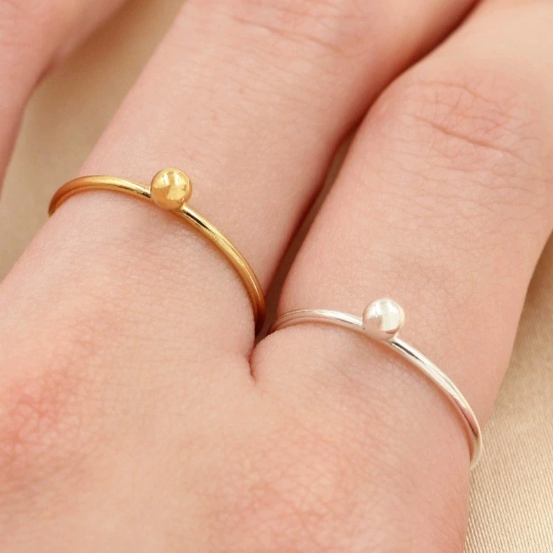 Vintage Gold Filled 3mm Ball Ring Jewelry Anti Tarnish 925 Sterling Silver Stacking Ring