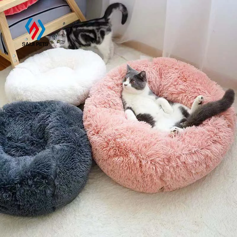 

Saiji manufacturer wholesale pink grey white color pet soft cushion luxury plush round cat dog bed, Colorful, customized color