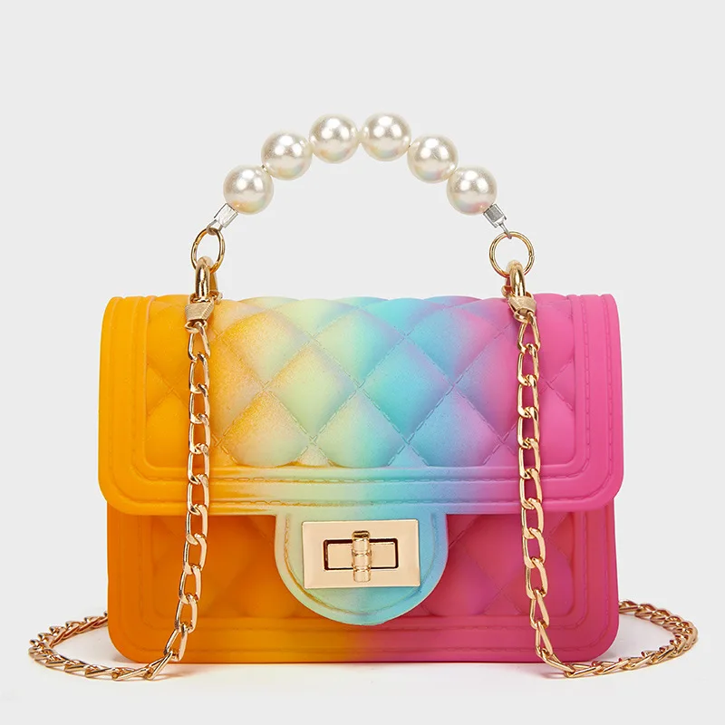 

Stylish Rainbow Mini Pearl Handle Women Bag Silicone Jelly Purses And Bags Crossbody Handbags For Women