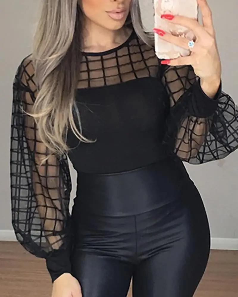 

New Wholesale Tops Sexy Lantern Sleeve Plaid stitching Blouse Women Lace Silm Tops