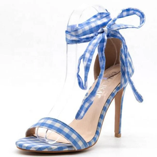 

Sweet Girl Summer Shoes Scotland Style High Heels Women Checkered Ankle Strappy Pump Open Toe Lace Up High Thin Heeled Sandals, Red black blue