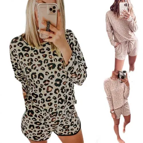 

Women leopard Printed sleepwear long sleeve tops Elastic Waist short pants Pajamas sleepwear Home Suit Women sleepwear pajamas, Pink leopard