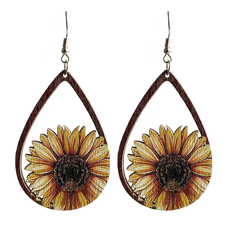 

Fashion Drop-shaped Wooden Earrings Printed Pattern Popular Elements Sunflower Cactus Earrings, Picture color