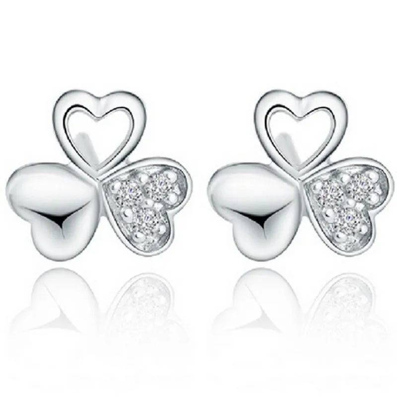 Real 925 Sterling Silver Clover zircon Stud Earrings for Women Girls Fashion jewelry