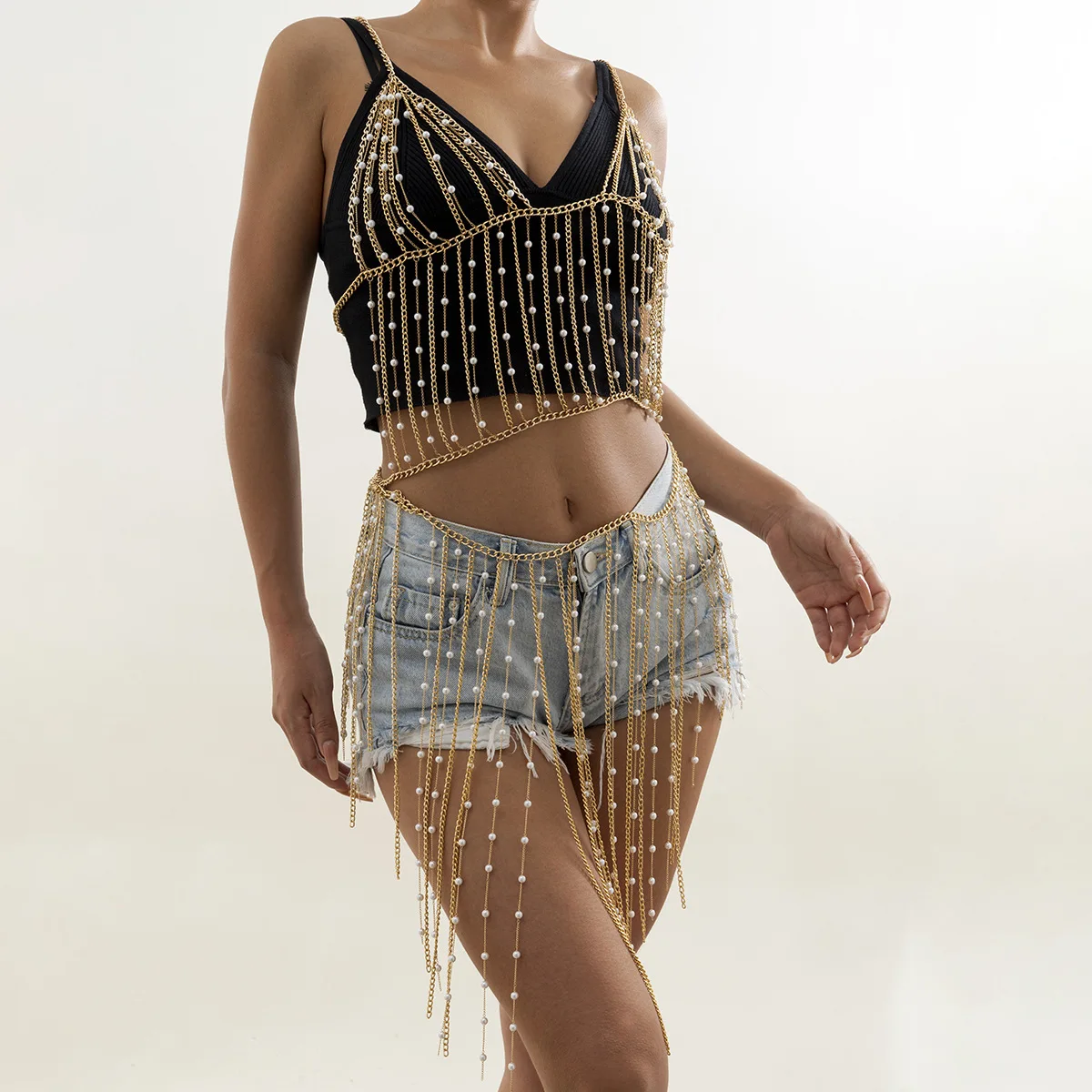 

Sailing Jewelry Body Chain Bikini Imitation Pearls Body Chain Geometric Metal Long Body Chain