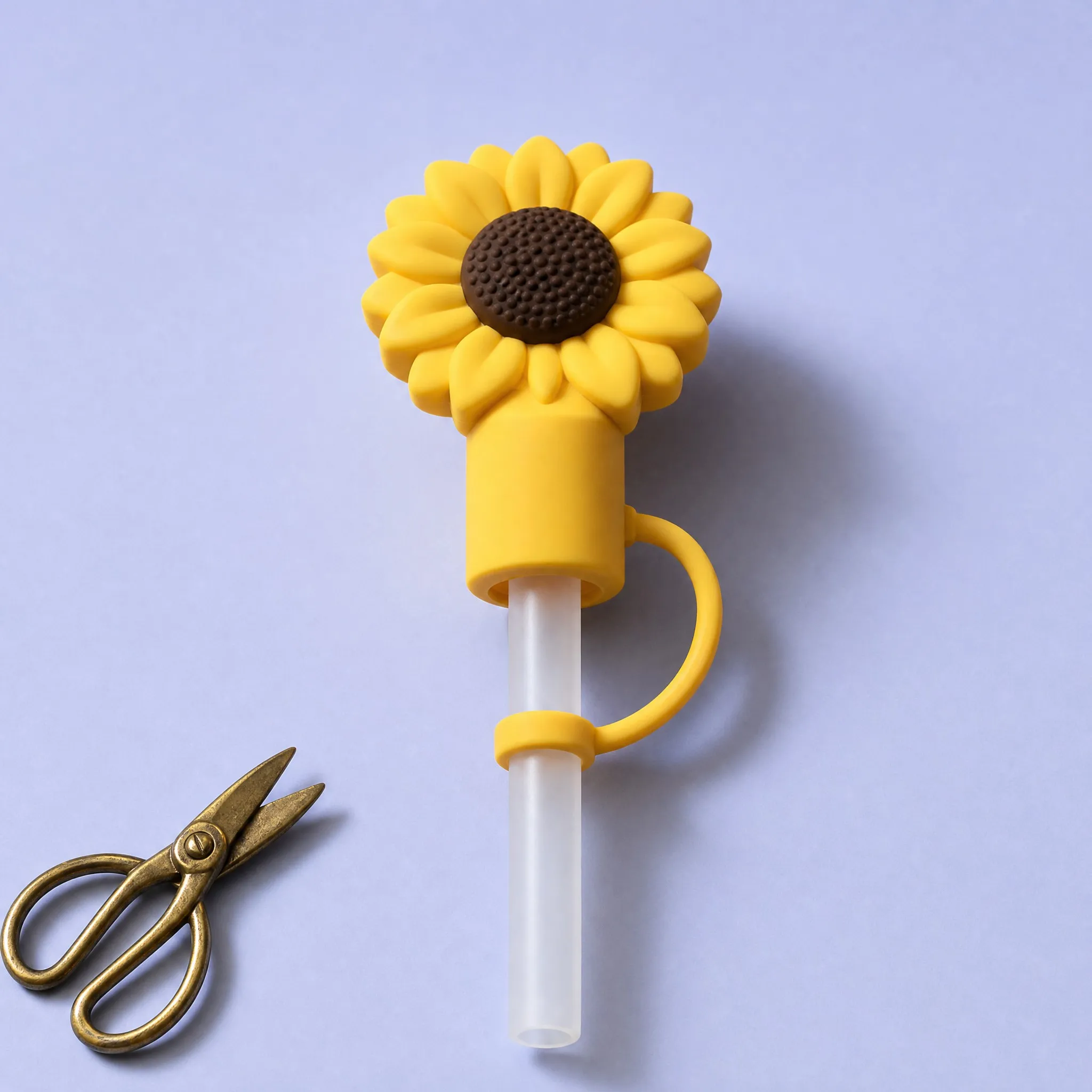 Sunflower Silicone Straw Cover Close-up with Scissors