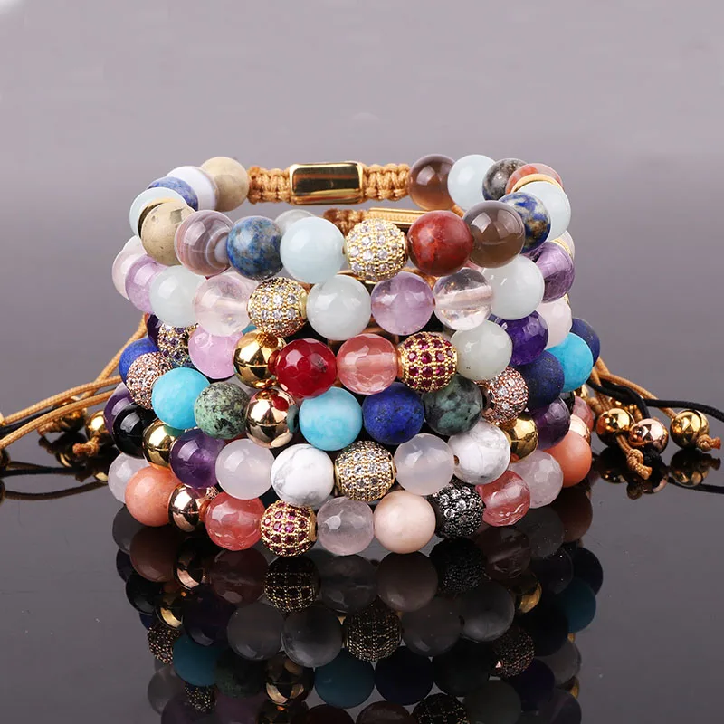 Hot Selling Custom Logo Multi Natural Stone Macrame Friendship Gemstone Beads Bracelet For Women