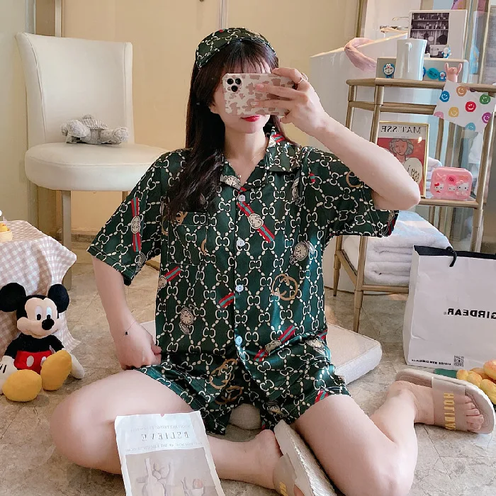 

Pajamas Set Girls Korean Sleepwear 2 Piece Morden Style Short Sleeves silk, Customized color