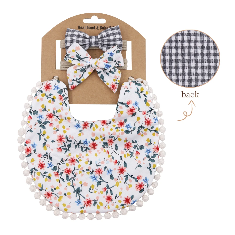 

Floral Fancy Printed Cute Style Flax Cotton Baby Feeding Bibs Burp Cloth Bowknot Headband With Tassels Sets, Picture