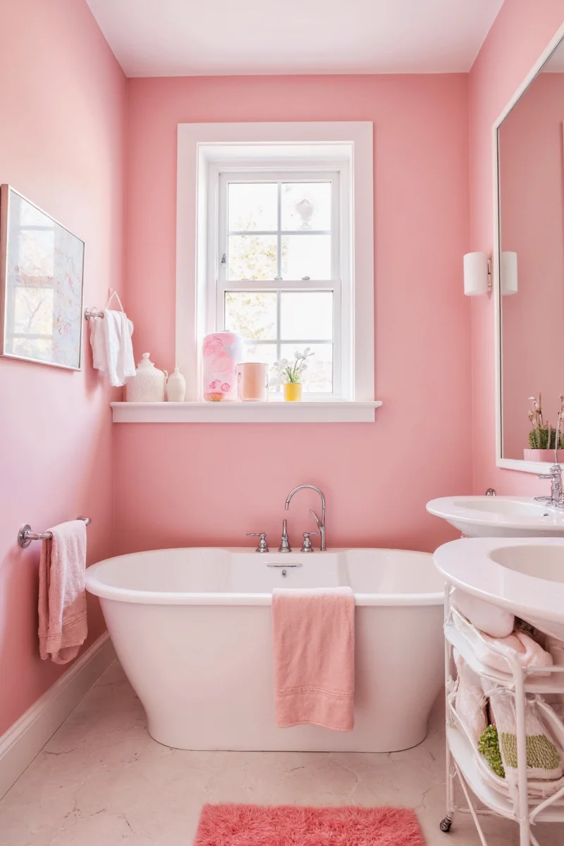 Pink mosaic tile wall in bathroom