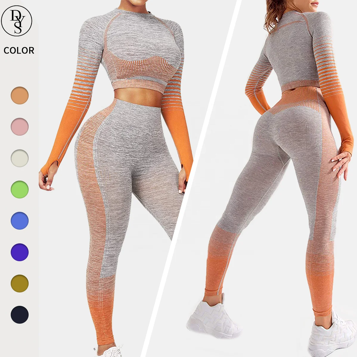 

2 Piece Gradient Legging Fitness Clothing Ombre Strip Print Gym Pants Workout Set Activewear Yoga Shorts Athletic Wear Wholesale, Customized colors