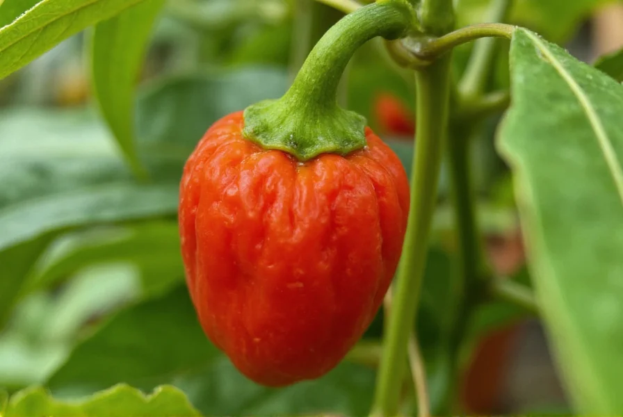 Close-up photograph of Pepper X chili pepper showing its distinctive wrinkled texture and red coloration on plant