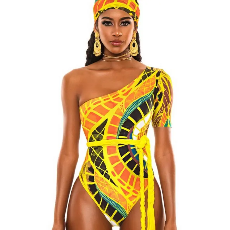 

2020 Top Selling Ladies Swimsuit Sexy Totem Digital Printed Single Shoulder One Piece Swimwear Open Back Woman Bikini, As picture