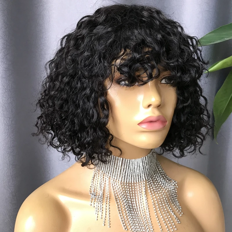 

10 Short Human Hair Wigs With Bangs Brazilian Loose Curl Hair Bob Lace Wig With Front Fringe Bangs