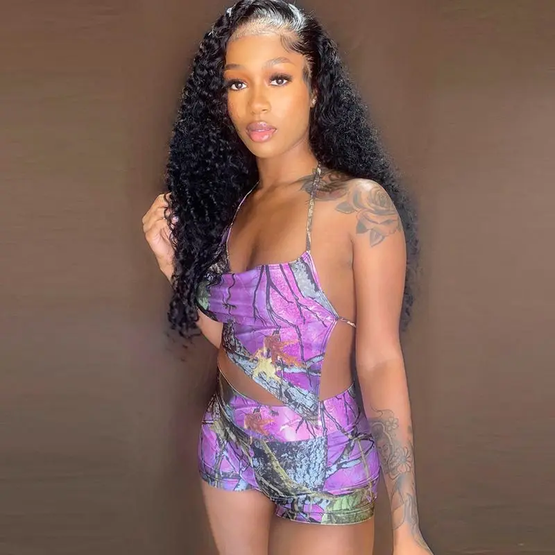 

2021 New fashion women Floral Halter top and shorts CASUAL two piece set women ladies clothing