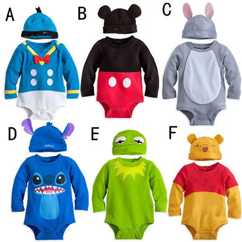 

NeBeans New Baby Rompers Character Cartoon 6 colours New born infant Baby Clothing Jumpsuits+ hat 2piece per set toddler overall