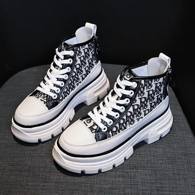 

Women sports Casual Vulcanized Shoes Female Mesh Lace Up Ladies Platform Comfort flats Sneaker tennis wedge sneakers, Black/white