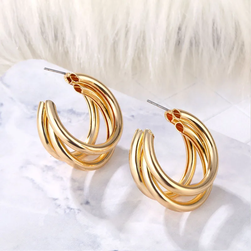 

Fashion Statement Jewelry 14K Gold Plated Hoop Earrings High Polished Triple Round Medium Open Tube Hoop Earrings