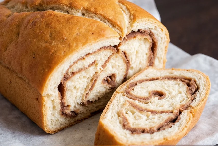 Perfectly sliced cinnamon swirl sourdough bread showing even marbled pattern and open crumb structure