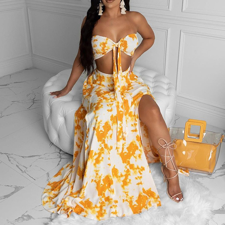 

Off The Shoulder 2piece Skirt Set Women's Bow Twist Tie Dye Strapless Crop Top And Maxi 2pcs Skirt Set Women, Yellow