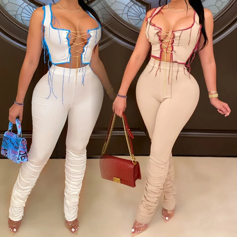

2021 USD 0.01Free Sample Spring Summer Women Clothes Sexy Chain Strap Navel Sleeveless Crop Top Sports Two Piece Pants Set