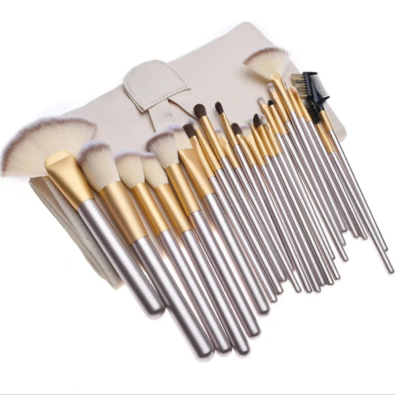 

Private Label 24Pcs Makeup Brush Set Foundation Blush Eyeliner Lip Powder Brushes With PU Leather Bag, Champagne gold